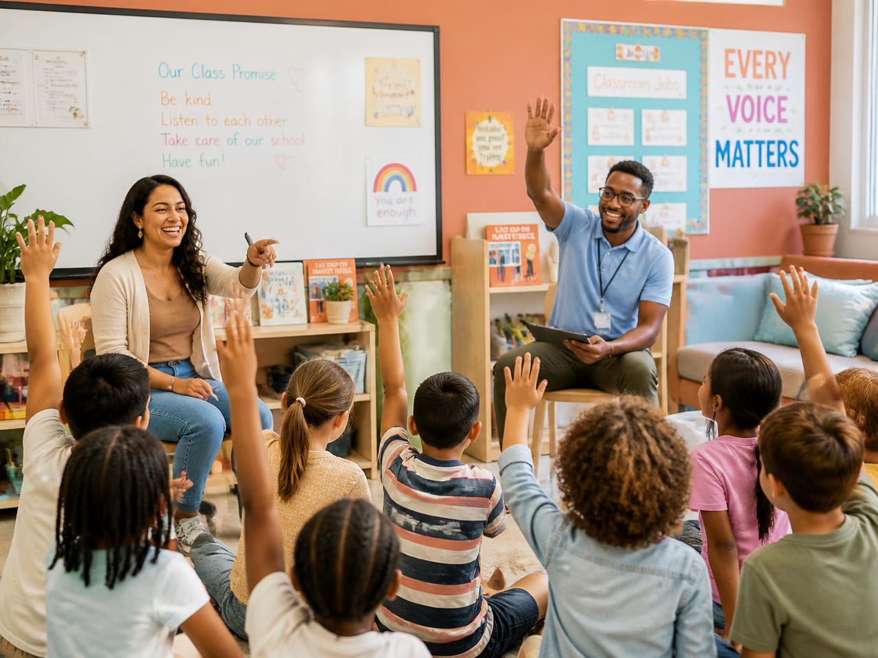 Two teachers co-leading a lively elementary class of diverse children raising their hands
