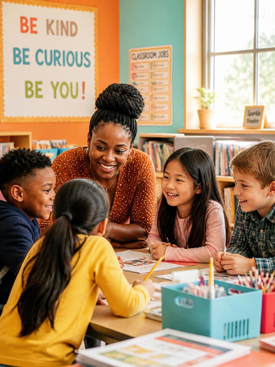 An elementary school teacher leaning in warmly with a small group of diverse young students at a classroom table